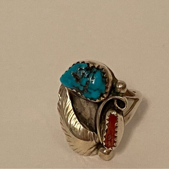 R CHEE VINTAGE NAVAJO STERLING SILVER RING RED BRANCH CORAL TURQUOISE SIZE 7 USA - Picture 2 of 13